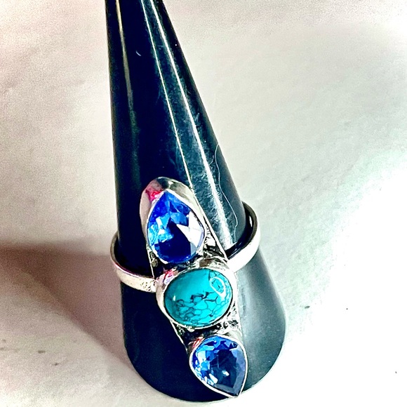 New 925 Sterling Silver Blue Imperial Topaz Turquoise Artisten 3 Tier Ring - Picture 5 of 16